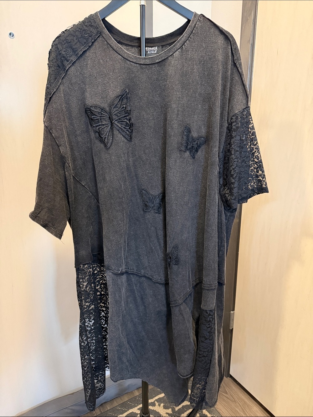 Hot Topic Asymmetrical Black Lace & Butterfly Appliqué Shirt-Dress